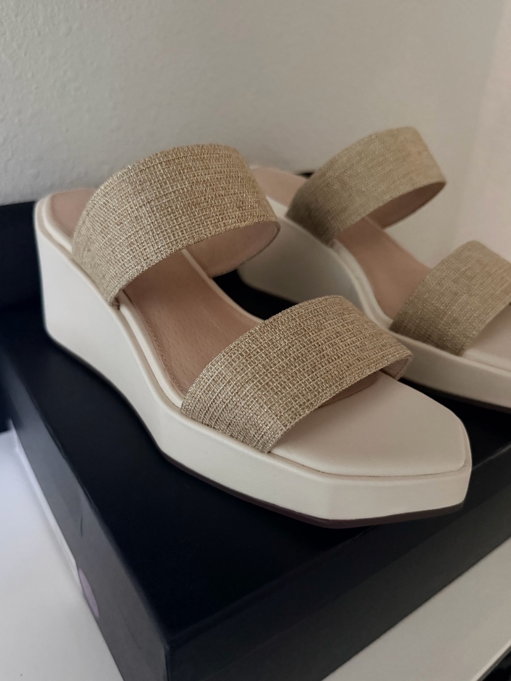 $245 Cecelia NY Baily Wedge Sandal with Gold Straps - Cream & Gold [NEW IN BOX]